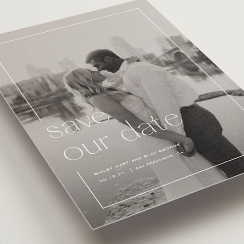 This is a lace save the date postcards with standard by Sarah Cohn called in frame printing on signature in postcard