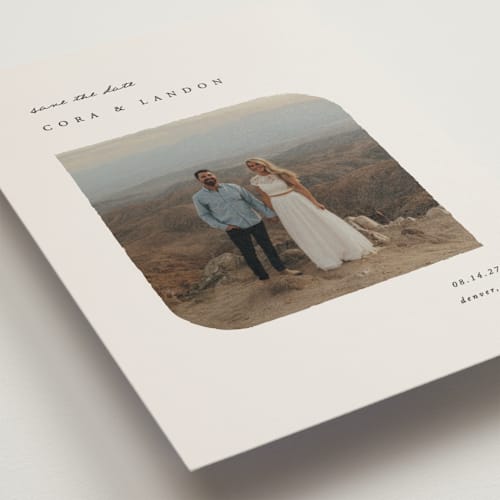This is a almond save the date postcards with standard by Brianne Larsen called soft edges printing on signature in postcard