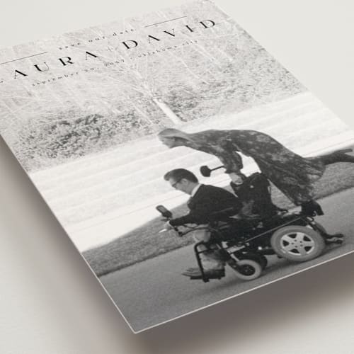 This is a midnight save the date postcards with standard by Abi de Leon called lovingly printing on signature in postcard