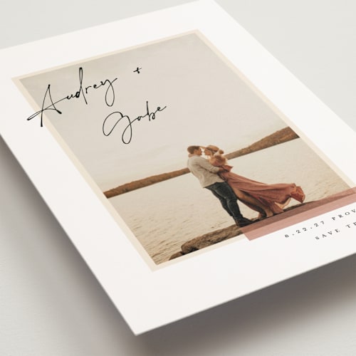 This is a clay save the date postcards with standard by Morgan Kendall called sentimentalist printing on signature in postcard