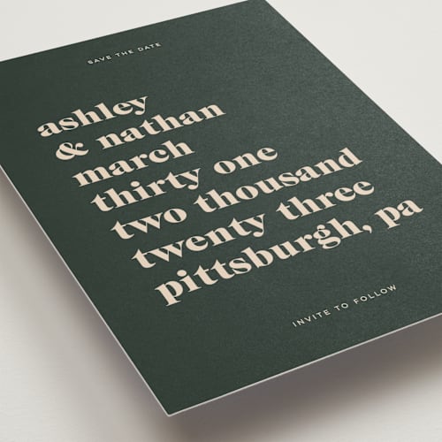 This is a spruce save the date postcards with standard by April Astudillo called modern type printing on signature in postcard