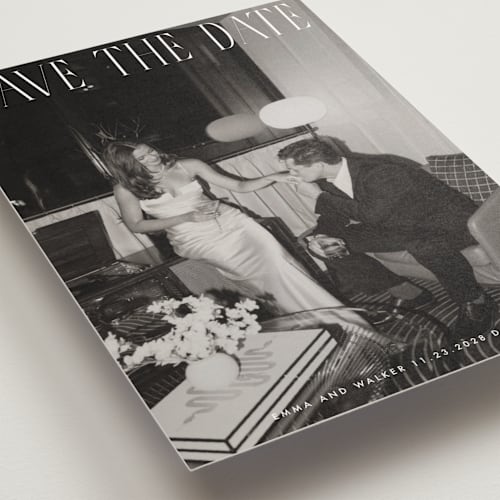 This is a snow save the date postcards with standard by Maja Cunningham called classic timeless printing on signature in postcard