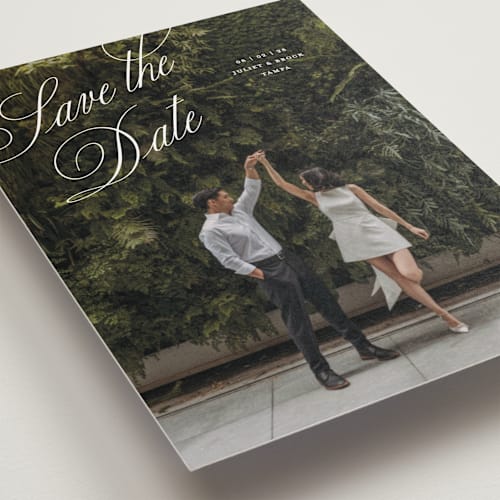 This is a pearl save the date postcards with standard by Pixel and Hank called enamored printing on signature in postcard