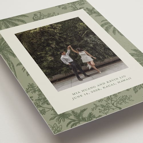 This is a jungle save the date postcards with standard by Jenna Holcomb called tropicale printing on signature in postcard