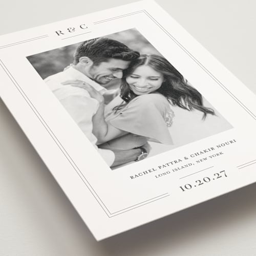 This is a mocha save the date postcards with standard by Meagan Christensen called alcott printing on signature in postcard