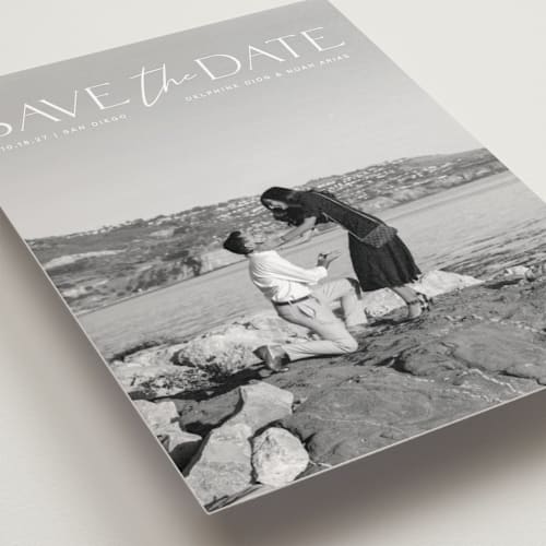 This is a moonstone save the date postcards with standard by Olivia Raufman called breathtaking printing on signature in postcard