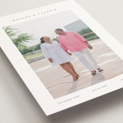 This is a charcoal save the date postcards with standard by Blustery August called simplicity printing on signature in postcard