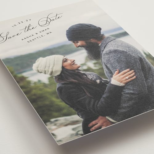 This is a smoke save the date postcards with standard by Morgan Kendall called stamp printing on signature in postcard