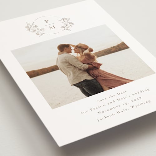 This is a taupe save the date postcards with standard by Chris Griffith called monogrammed printing on signature in postcard