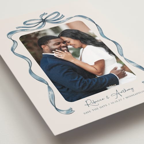 This is a blueberry save the date postcards with standard by Paper Sun Studio called tied together printing on signature in postcard