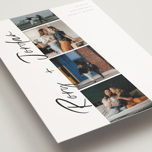 This is a vanilla save the date postcards with standard by Chryssi Tsoupanarias called photobooth love printing on signature in postcard