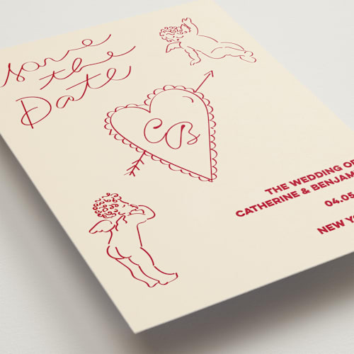 This is a cream save the date postcards with standard by Helena Vitto called crazy little thing called love printing on signature in postcard