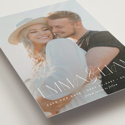 This is a pearl save the date postcards with standard by Brooke Chandler called hand in hand printing on signature in postcard