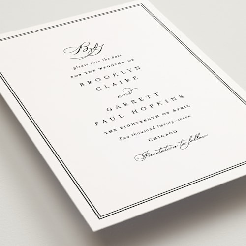 This is a noir save the date postcards with standard by Amy Kross called overlapping printing on signature in postcard
