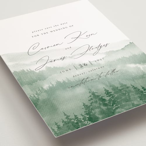 This is a fern save the date postcards with standard by Helen Halik called over the mountains printing on signature in postcard