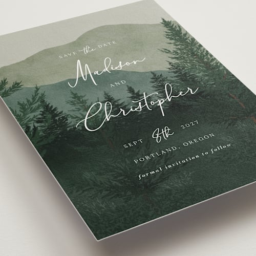 This is a jade save the date postcards with standard by Elly called the forest printing on signature in postcard