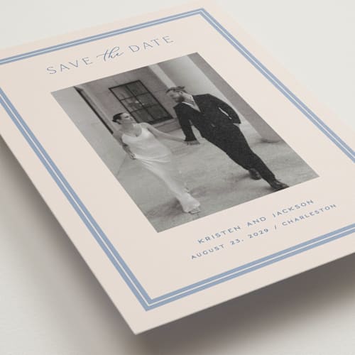 This is a periwinkle save the date postcards with standard by Hooray Creative called twin border printing on signature in postcard