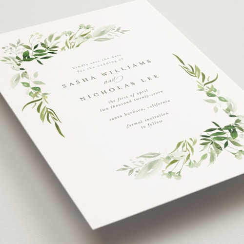This is a garden save the date postcards with standard by Leah Bisch called verdure printing on signature in postcard