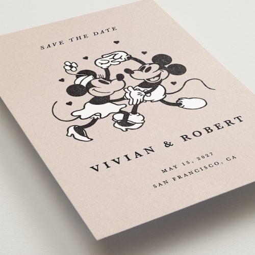 This is a retro save the date postcards with standard by Sumak Studio called disney's retro mickey mouse and minnie mouse printing on signature in postcard