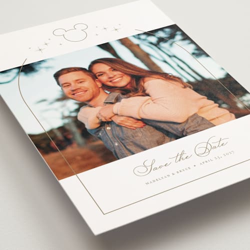 This is a celebration save the date postcards with standard by Jennifer Postorino called disney's minimal mickey mouse printing on signature in postcard