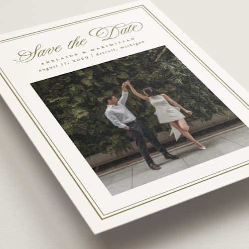 This is a olive save the date postcards with standard by Ellen Schlegelmilch called museo printing on signature in postcard