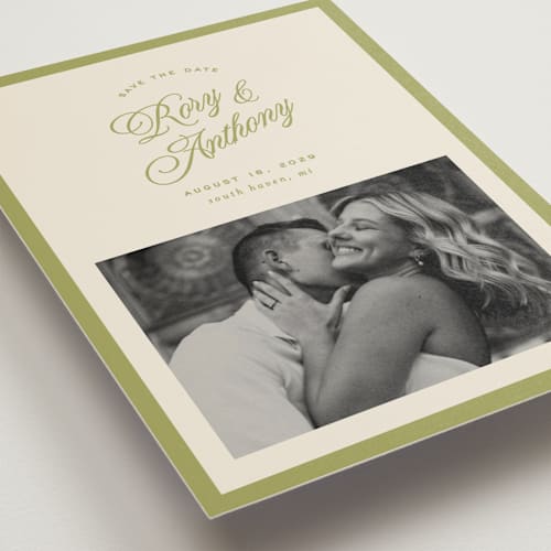 This is a olive save the date postcards with standard by Ellen Schlegelmilch called rory printing on signature in postcard