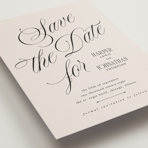This is a linen save the date postcards with standard by Kate Ahn called mirin printing on signature in postcard