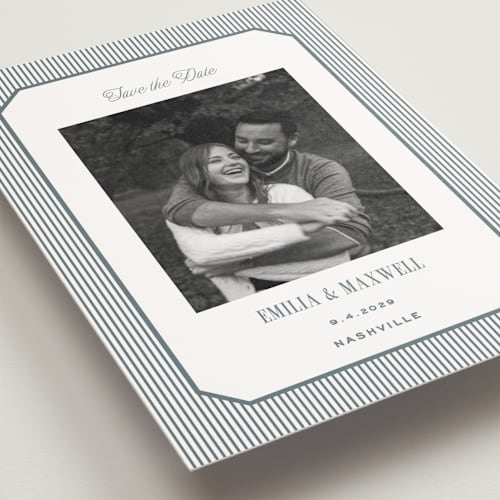 This is a capri save the date postcards with standard by Emily Betts called modern stripes printing on signature in postcard