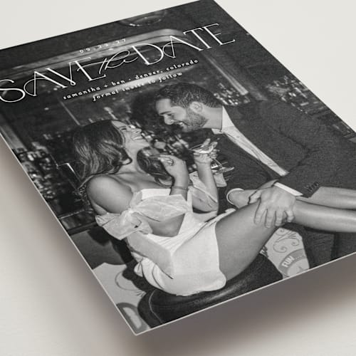 This is a pearl save the date postcards with standard by Brooke Chandler called elegant fete printing on signature in postcard