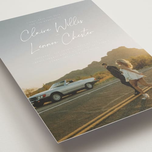 This is a chiffon save the date postcards with standard by Orasie called full photo printing on signature in postcard