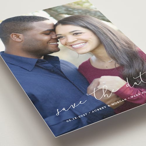 This is a cloud save the date postcards with standard by Stacey Meacham called etched in love printing on signature in postcard