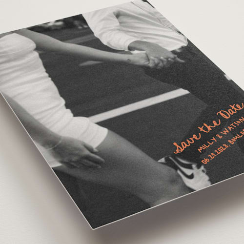 This is a tangerine save the date postcards with standard by Jelena Vuletic called imprint printing on signature in postcard