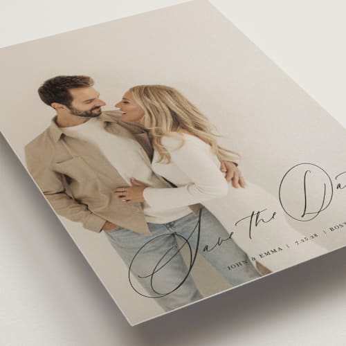 This is a inked save the date postcards with standard by Design Lotus called symphony us printing on signature in postcard