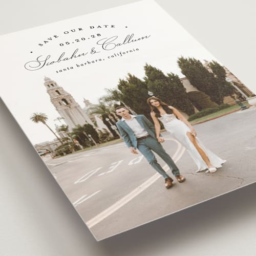 This is a onyx save the date postcards with standard by Erica Krystek called arched type printing on signature in postcard