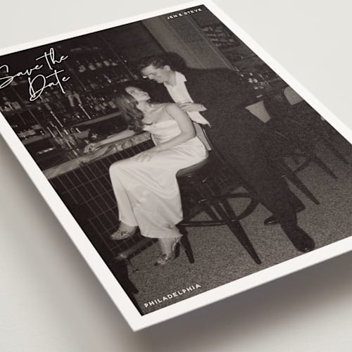 This is a cloud save the date postcards with standard by Inkblot Design called corners printing on signature in postcard