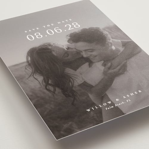 This is a moonstone save the date postcards with standard by Lucrecia Caporale called classic big date printing on signature in postcard
