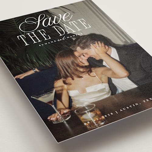 This is a porcelain save the date postcards with standard by Maria Alou called his & hers printing on signature in postcard