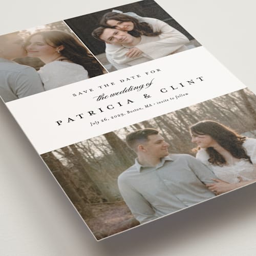 This is a icicle save the date postcards with standard by Stacey Meacham called classic trio printing on signature in postcard