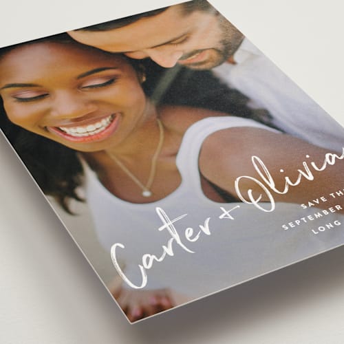 This is a pearl save the date postcards with standard by Owl and Toad called signature printing on signature in postcard