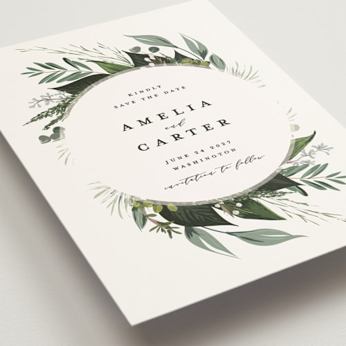 This is a ivory save the date postcards with standard by Susan Moyal called natures greens printing on signature in postcard