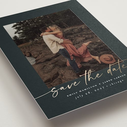 This is a midnight save the date postcards with foil pressed by Nicole Walsh called wrapped printing on signature in postcard