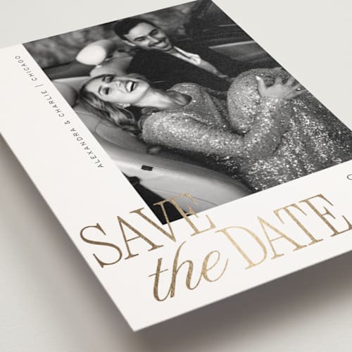 This is a pearl save the date postcards with foil pressed by Melanie Kosuge called right side printing on signature in postcard