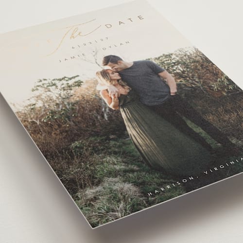 This is a wheat save the date postcards with foil pressed by Hannah Williams called simply classic printing on signature in postcard