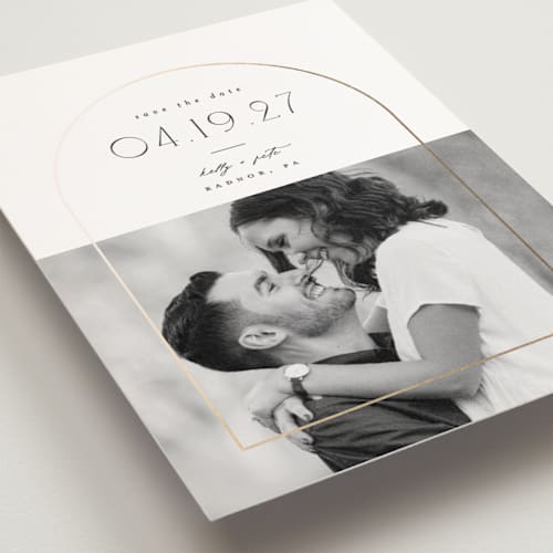 This is a cotton save the date postcards with foil pressed by Everett Paper Goods called inverse printing on signature in postcard