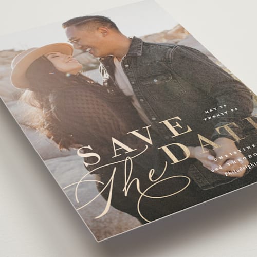 This is a cloud save the date postcards with foil pressed by Ashley Rosenbaum called composition printing on signature in postcard
