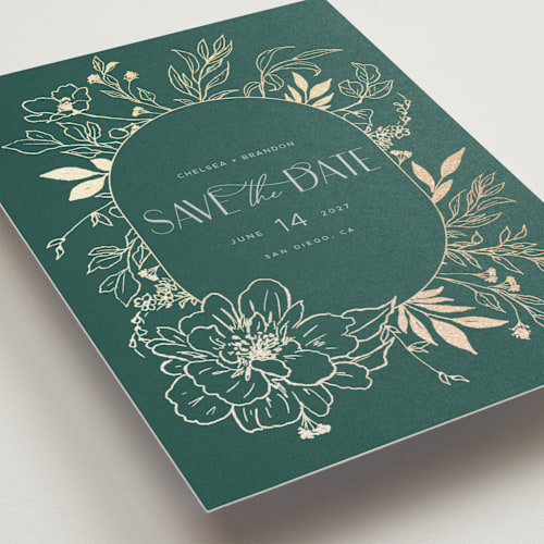 This is a emerald save the date postcards with foil pressed by Vera Lim called chelsea printing on signature in postcard