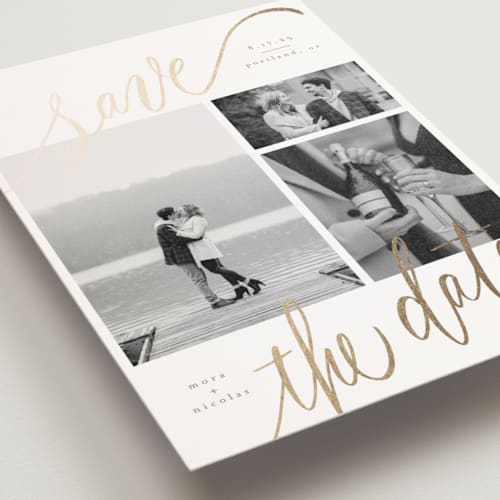 This is a veil save the date postcards with foil pressed by Elsa Duncan called tri-photo save the date printing on signature in postcard
