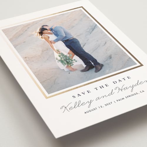 This is a sunshine save the date postcards with foil pressed by Stacey Meacham called classic printing on signature in postcard