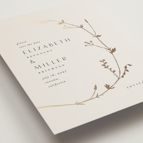 This is a cotton save the date postcards with foil pressed by Amy Kross called vine wrap printing on signature in postcard