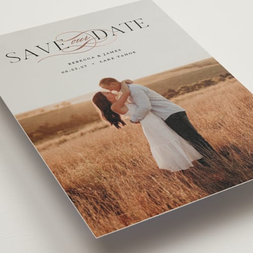 This is a noir save the date postcards with foil pressed by Pixel and Hank called melody printing on signature in postcard